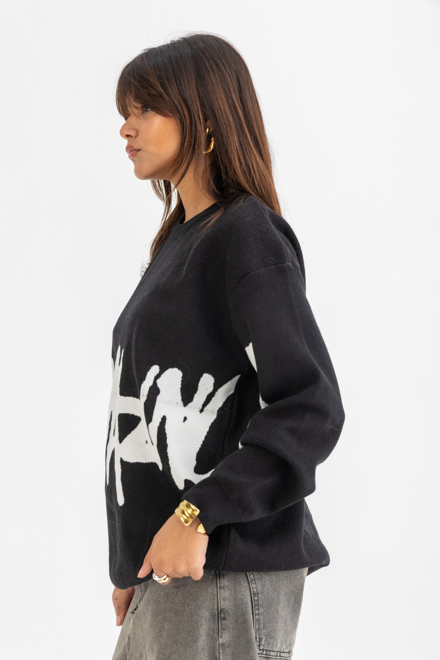 Black Street Scribble Knitted Crewneck