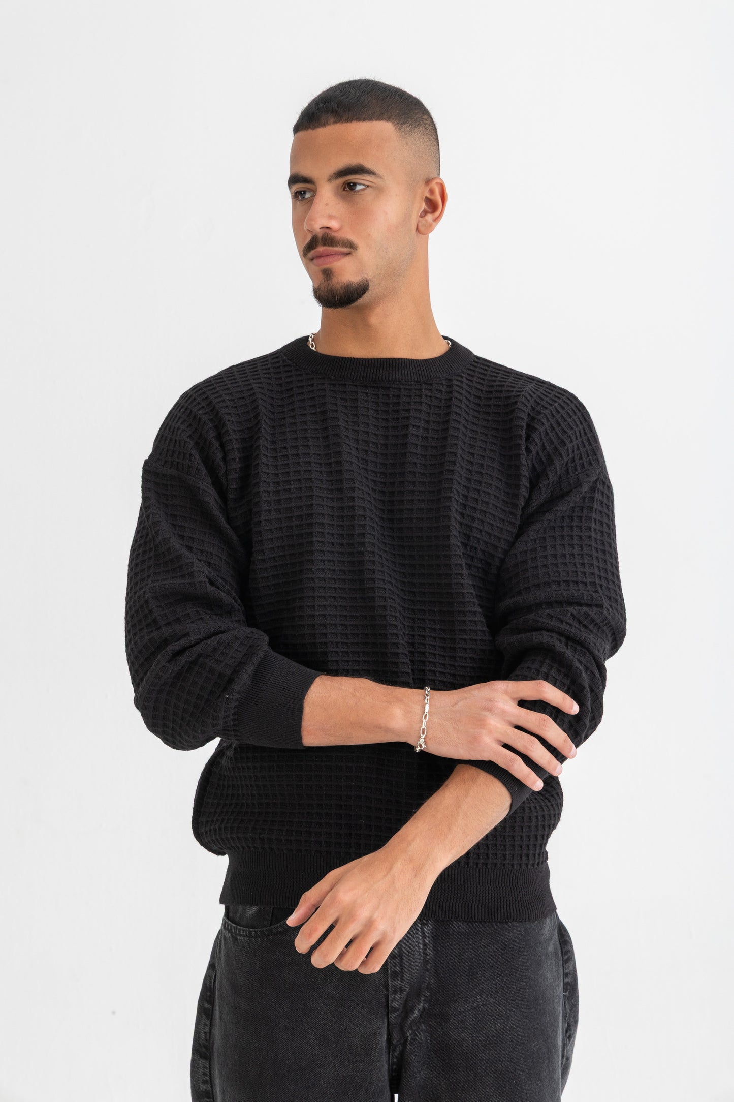 Black Waffle Knitted Crewneck