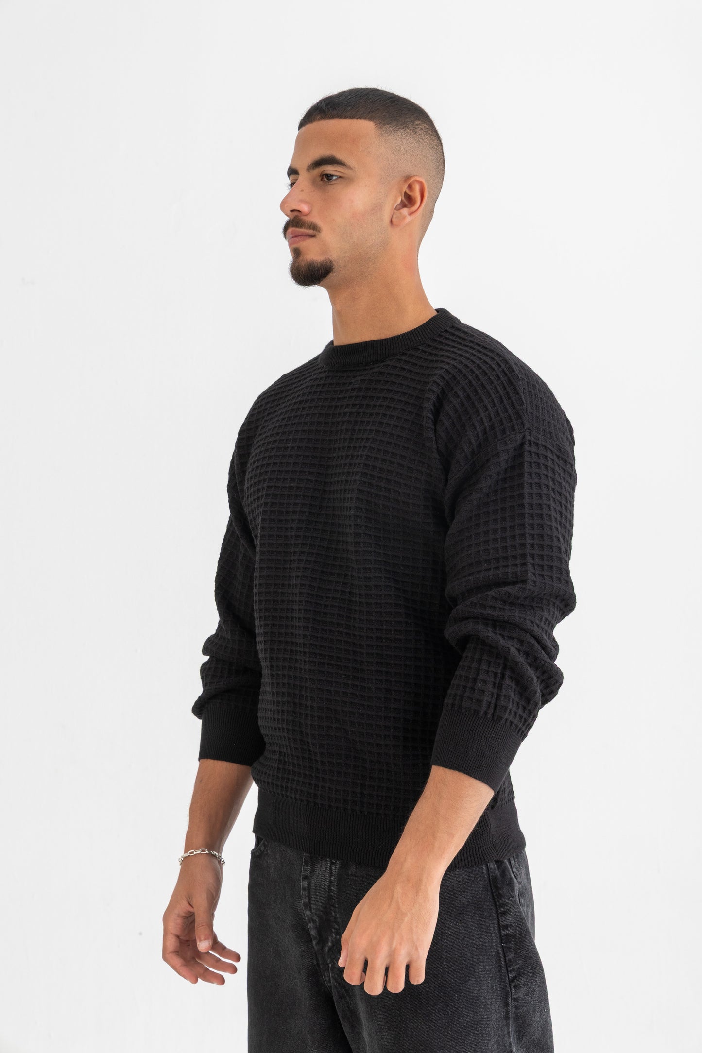 Black Waffle Knitted Crewneck