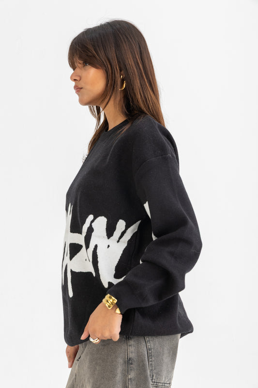 Black Street Scribble Knitted Crewneck