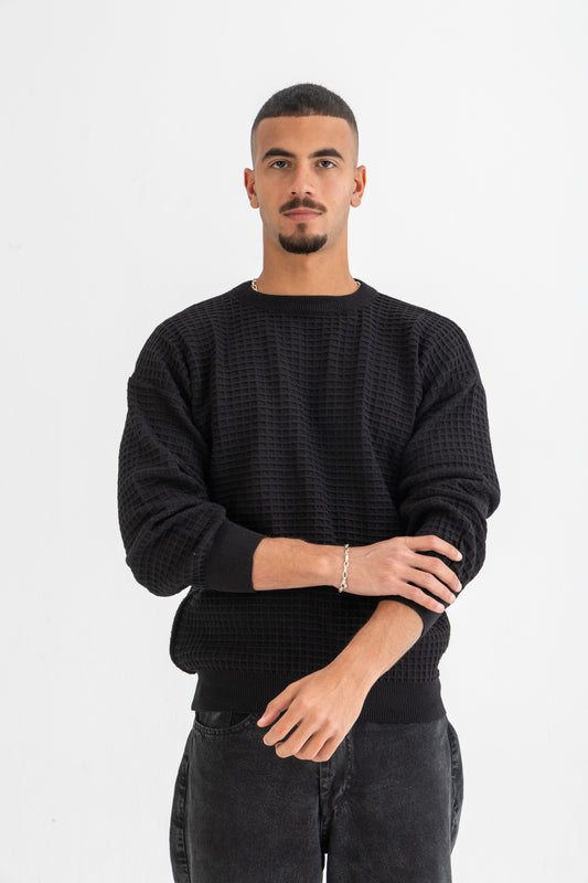 Black Waffle Knitted Crewneck