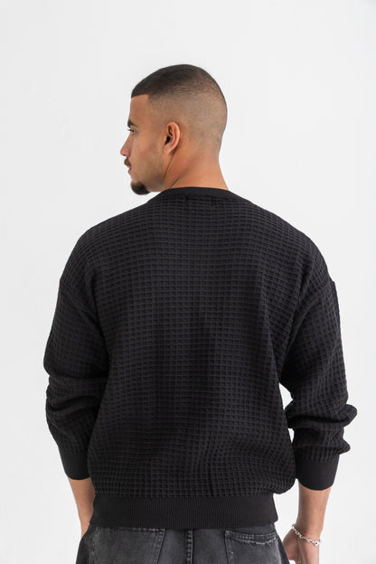 Black Waffle Knitted Crewneck